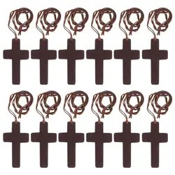 12pcs Natural Wood Cross Pendant Necklace Handmade Wooden Crosses Crucifix Necklace Pendant Ornaments For Women Men