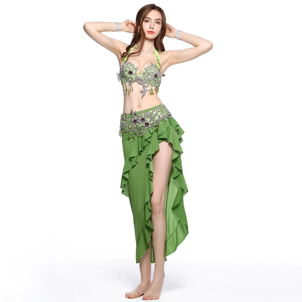 2019 Women Dance Clothes C/D Cup Bra Egyptian Belly Dance Costume Set 2 Pieces Bra Belt Green Rhinestone Outfit