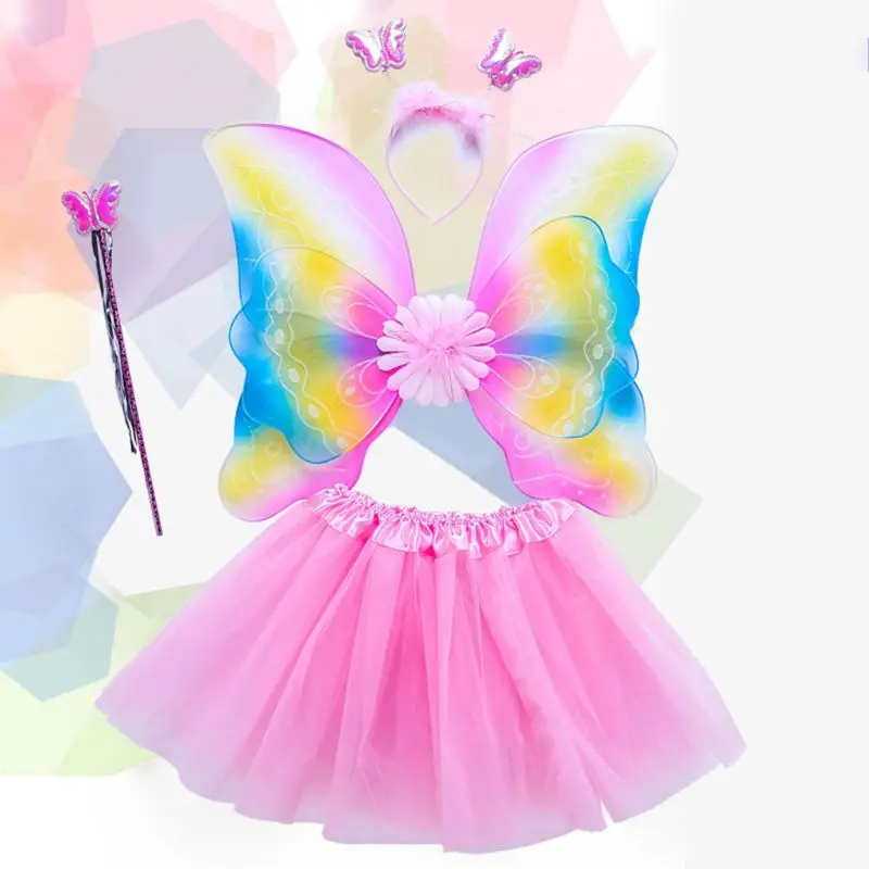 4Pcs Girls Fairy Costume Set Rainbow Butterfly Wings Three Layers Tulle Tutu Skirt Wand Headband Princess Halloween Party 3-8T image 6
