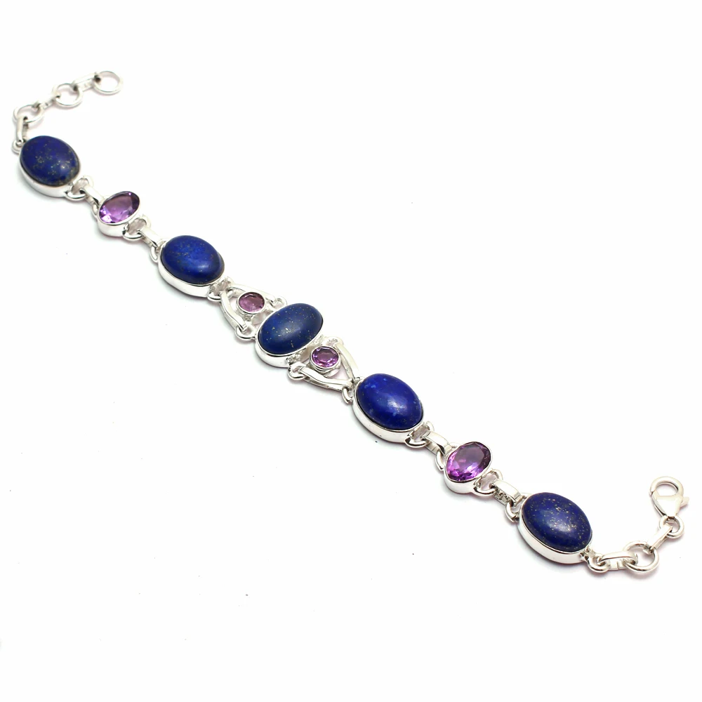 

Genuine Lapis Lazuri + Amethyst Bracelet 925 Sterling Silver, Women Fine Jewelry Gift 21 cm, MHBB0209