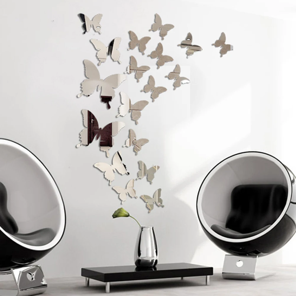 12/24pcs 3D Mirror Wall Sticker Decal Butterfly Mirror Wall Art Removable Fridge Decal Kids Room Party Wedding Home Decor Hot