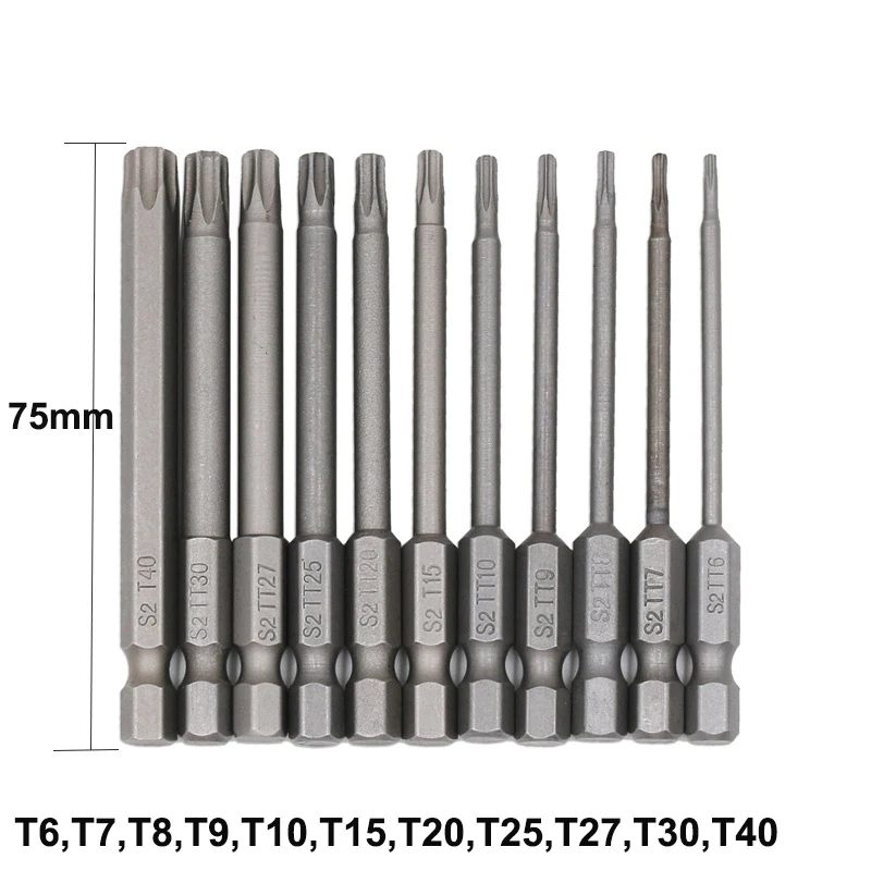 11Pcs/Set 75mm 1/4 inch Hex Torx Head Screwdriver Bits Magnetic Kit T6-T40