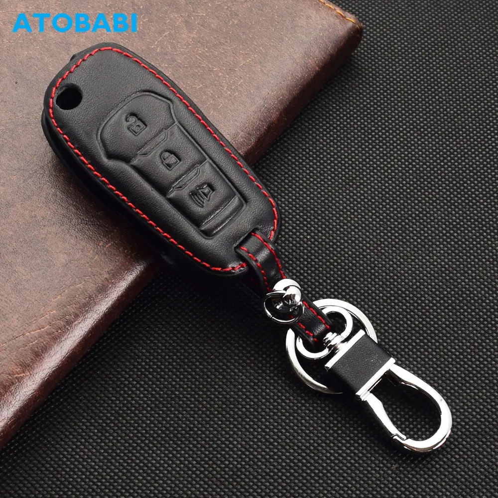 ATOBABI Leather Car Key Case For Ford Mondeo Fusion KA+ Escape F-150 F-250 F-350 F-450 F550 Ranger Bronco Flip Remote Fobs Cover