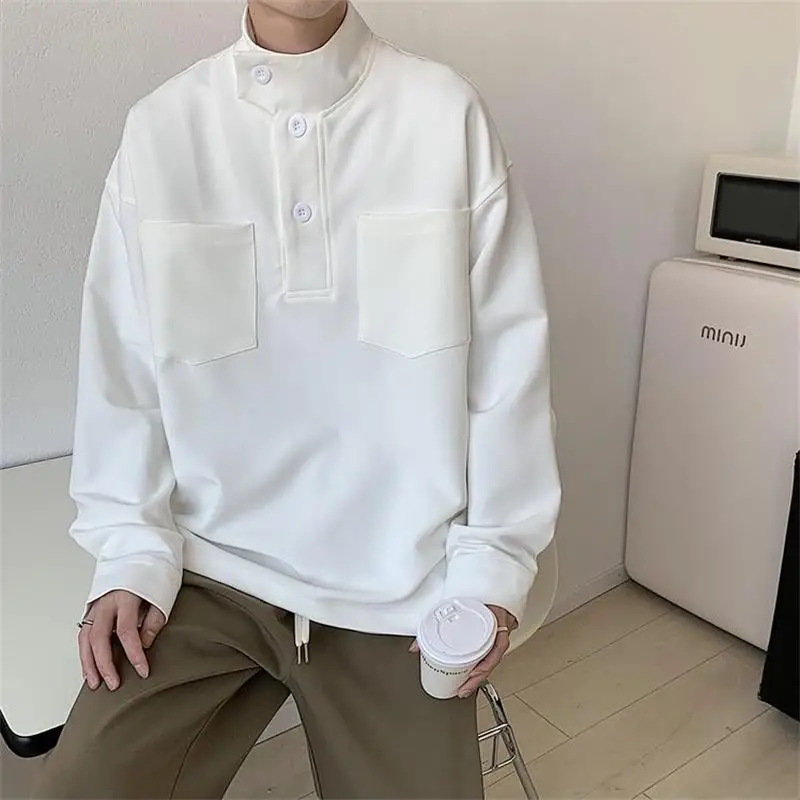 Small high neck Pullover Sweater men's autumn new pocket decoration Korean trendy men's loose coat youth top