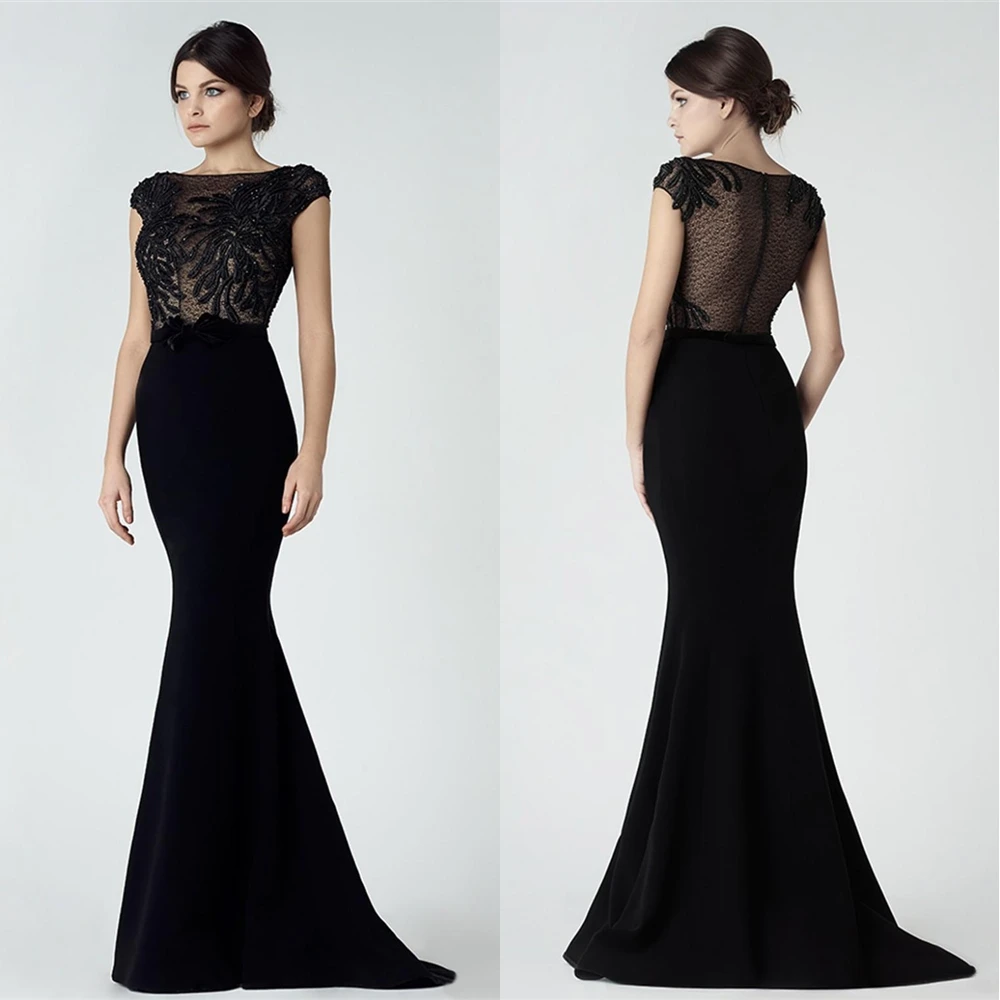 Bateau Formal Dresses Sleeveless Prom Party Gown Floor-Length Evening Dress Mermaid Trumpet Black Satin NONE Train Custom New