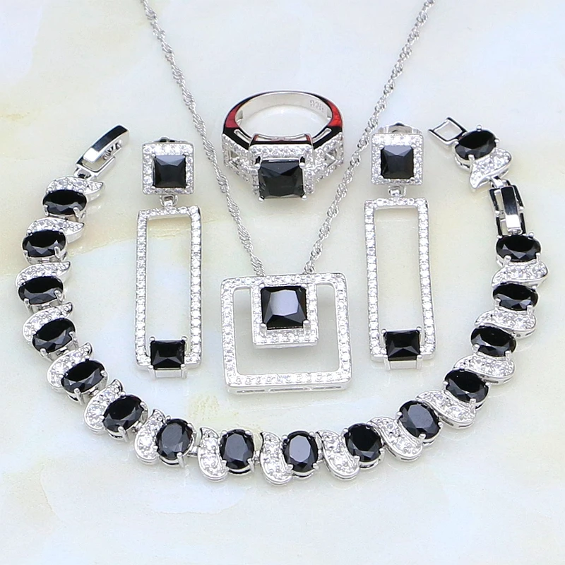 Black Stones White Cubic Zirconia 925 Silver Jewelry Sets For Women Wedding Earring/Pendant/Necklace/Bracelet/Ring