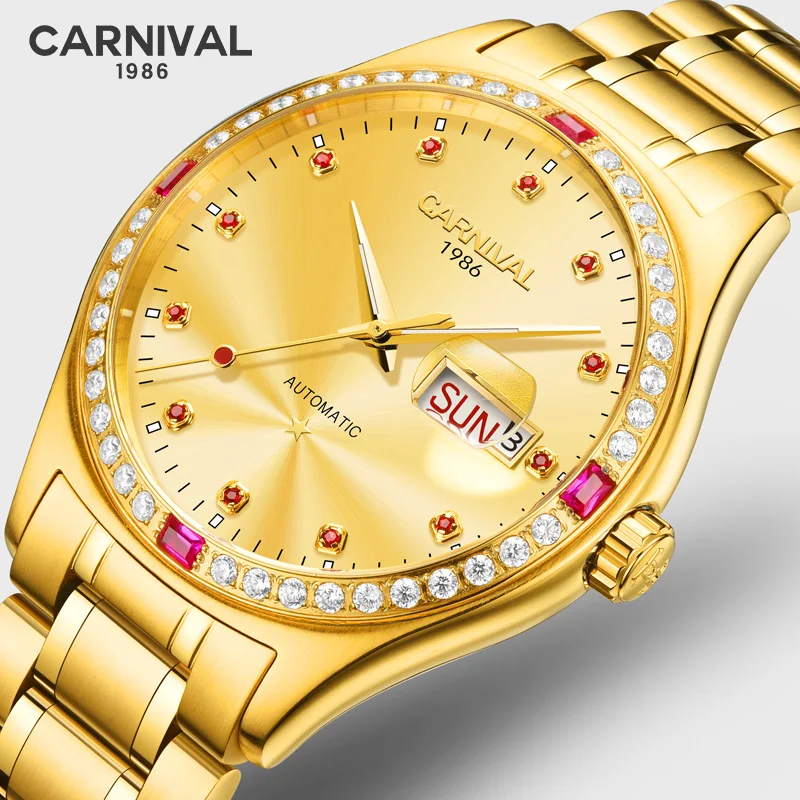 

Full Gold MIYOTA Automatic Watch Luxury Brand CARNIVAL Skeleton Mechanical Watch Men Sapphire Calendar Luminous Full Steel Reloj