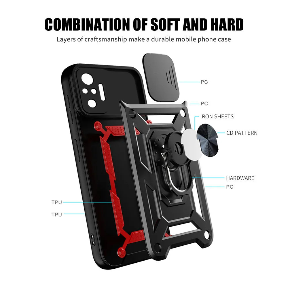 For Xiaomi Redmi Note 10 Pro Case Push Camera Protect Armor Redme Redmy Not 10s 8 9 T 8T 9T 9A 9C Car Magnetic Ring Cover Fundas