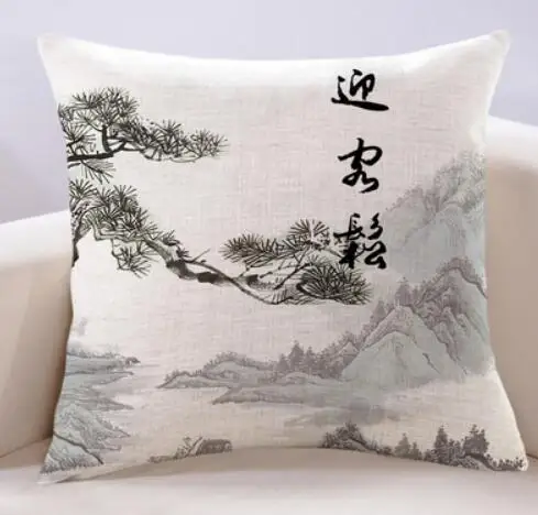 

Ink painting hug pillowcase welcoming guests pine landscape landscape linen cushion cover Chinese style sofa hug pillowcase