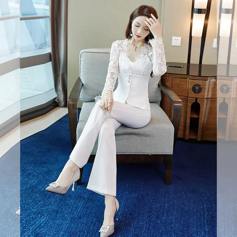 2021 Spring Women\'s Lace Suits 2 Pieces Elegant Lace Patchwork Blouse Tops+ Pants Office Ladies Work Suits Long Sleeved