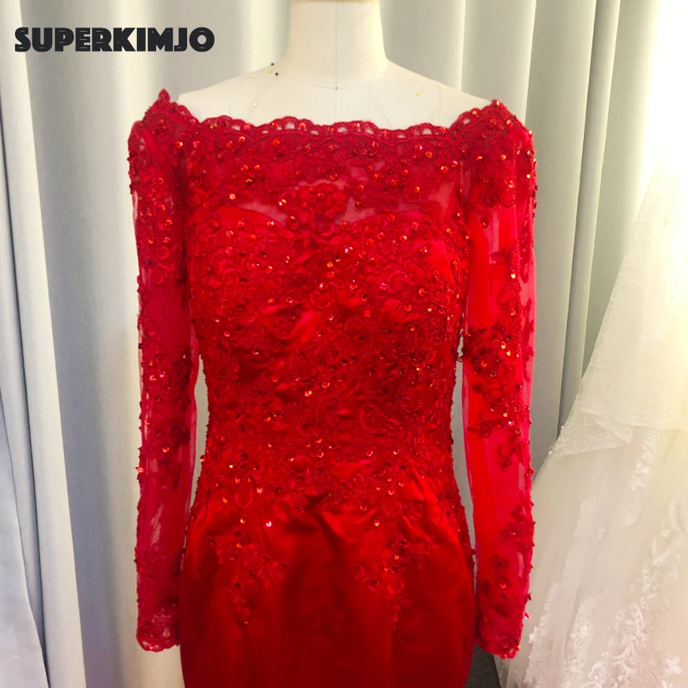 Real prom-Vestidos de Fiesta rojo, manga larga, Apliques de encaje, perlas, sirena, satén, vestidos de noche, 2020