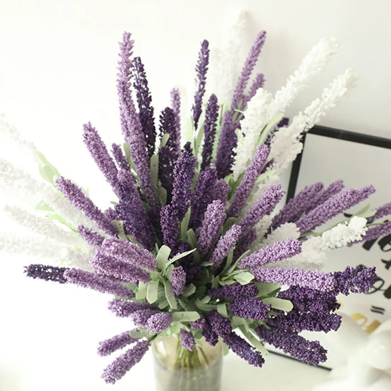 Artificial Lavender Bouquet with Green Leaves, Family Wedding Garden Decoration, 12 Heads/Box