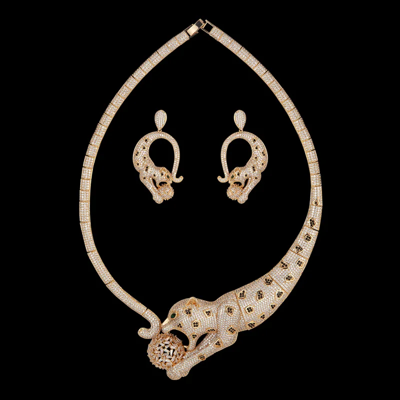 

Zlxgirl jewelry big size women and men leopard shape wedding necklace with earring jewelry sets metal Jet Enamel zircon necklace