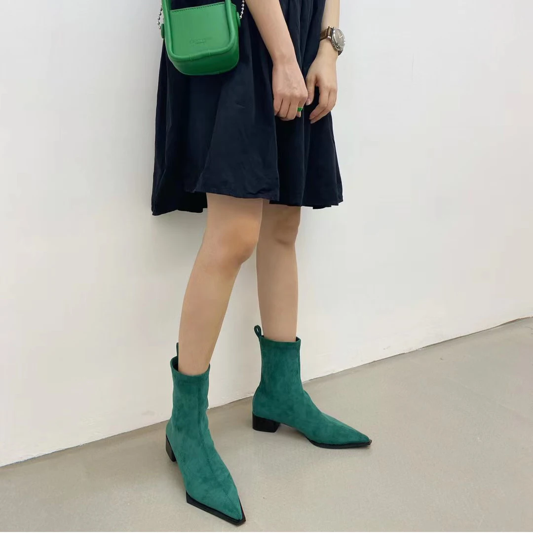 Women Sock Booties Winter Stretch Botas Thick Mid Heels Slip On High Quality Pointed Toe Short Winter Shoes Woman Green Shoes