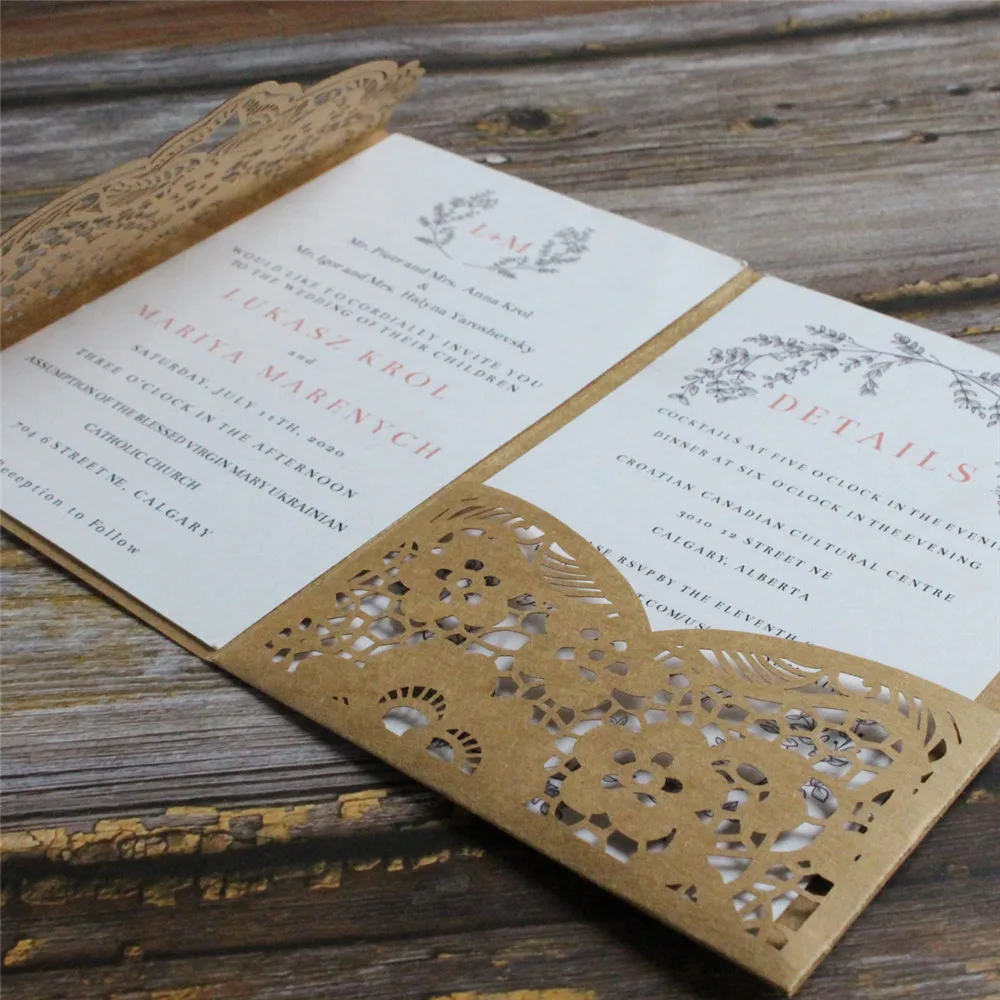 Rustic Invitation Wedding Tri-fold Pocket Marriage Gift Card Personalized Invite Text Printing Craft  Pearl Paper Multi Colors