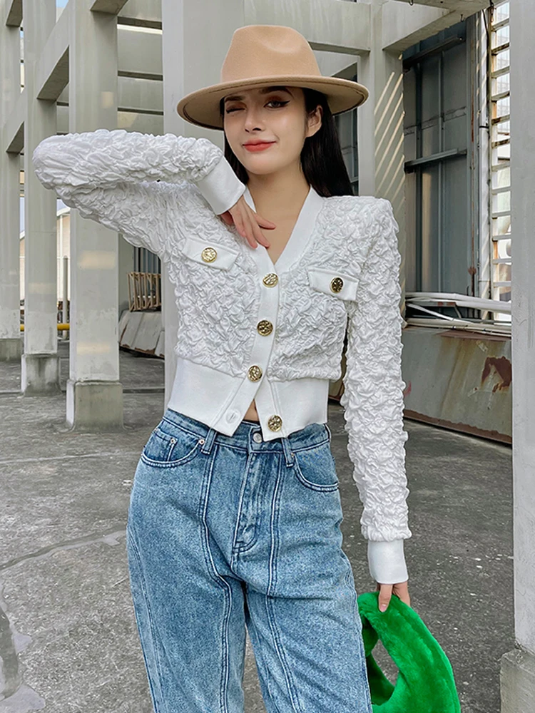 

Spring Autumn Korean Style Design Chic V-neck Pleated Cardigan Jacket Casual Cropped Top Slim Jacket Elegant Fashion Vestidos