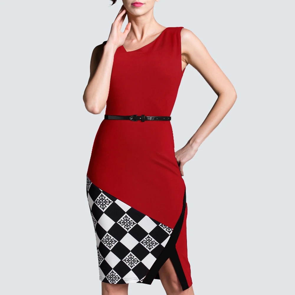 Summer New Arrival Sleeveless Patchwork Modern Belted Knee Length Pencil Women Casual Work Office Black Grid Dress HB290