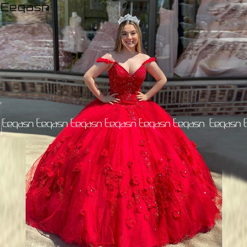 Prinzessin Rot Quinceanera Kleider Off Schulter V Neck 15 Party Ballkleid Kristall Blumen Geburtstag Kleider Süße 16 Debütantin