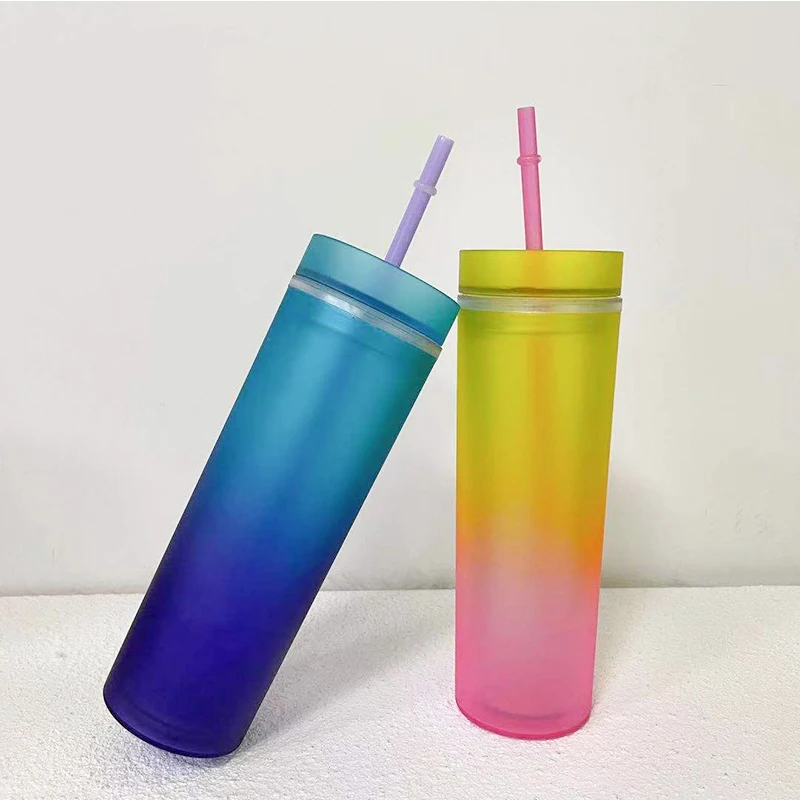 

Wholesale 16oz Plastic Slim Skinny Tumbler Acrylic Juice Glass With Lids And Straw Portable Straight Cup Water Bottle For Gift