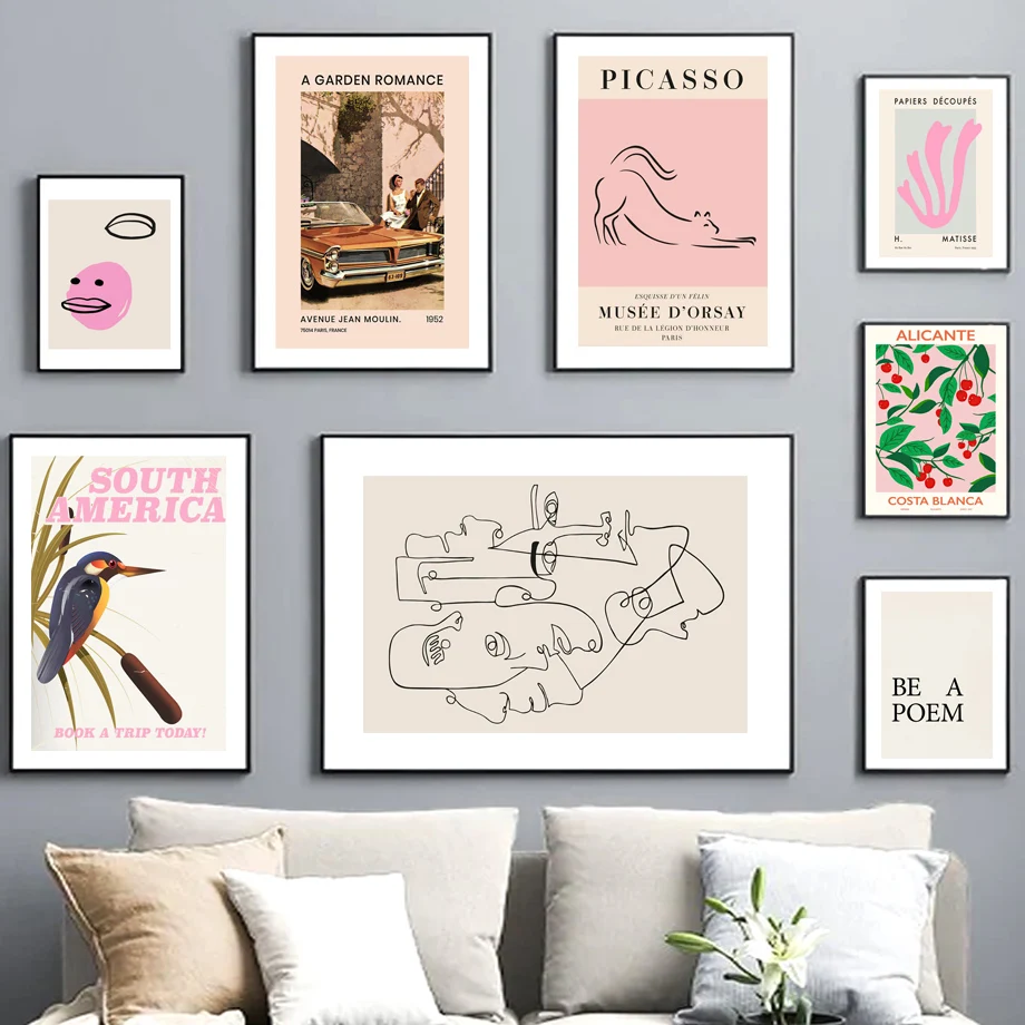 Matisse Cutout Pink Picasso Cat Face Garden Romance Nordic Poster Wall Art Print Canvas Painting Decor Pictures For Living Room