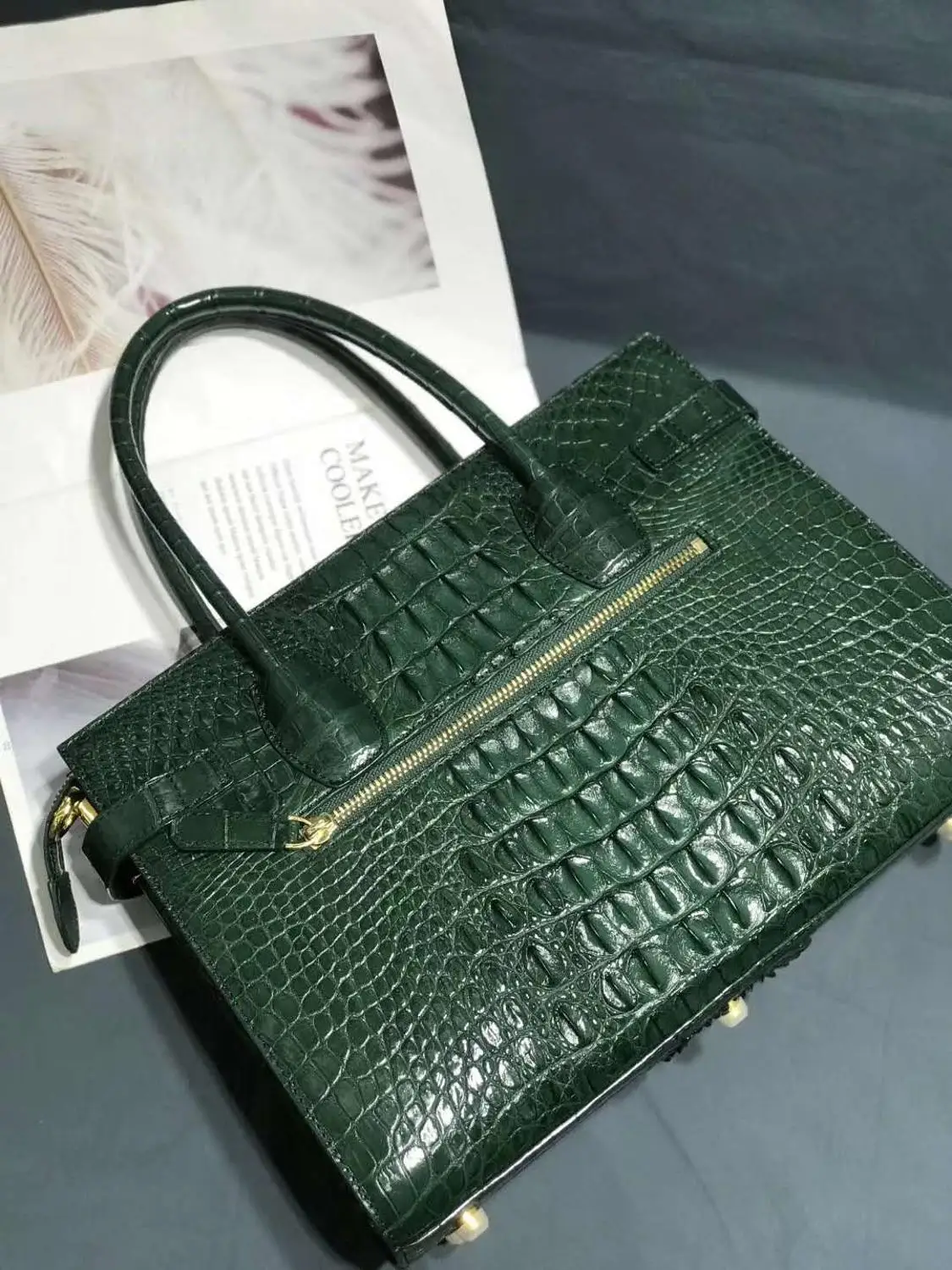 Top quality genuine crocodile skin women tote handbag alligator head back leather handbag with cow skin lining green burgundy