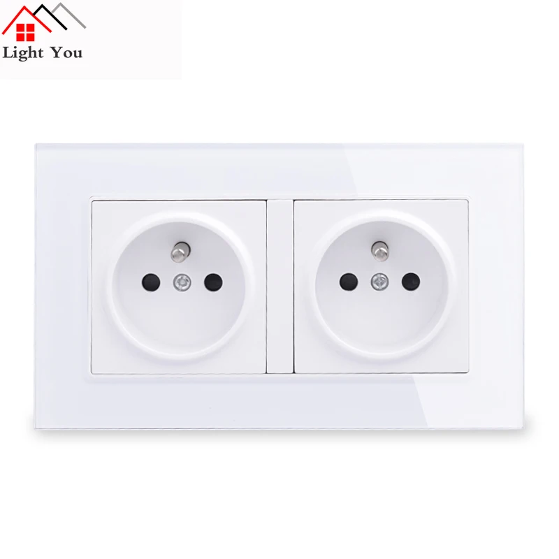 Light You 16A 3 Colour Double French Wall Socket Crystal Glass Panel Power Outlet Plug Grounded 146mm * 86mm EU Socket