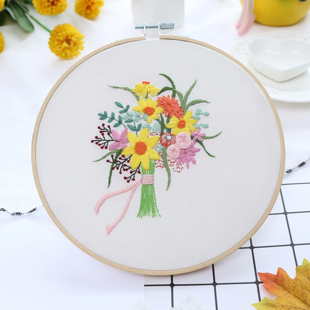 DIY Flowers Pattern Embroidery Set Needlework Tools Beginner Embroidery Round Cross Stitch Kit Sewing Craft Kit