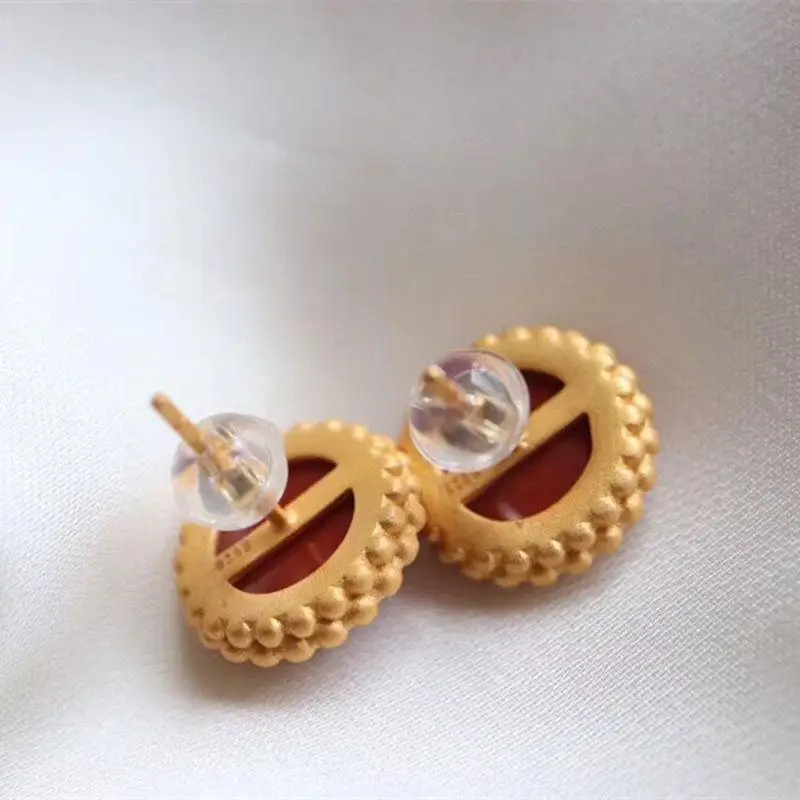 Original unique craft ancient method gold inlaid round chalcedony earrings Chinese style personality ladies silver jewelry