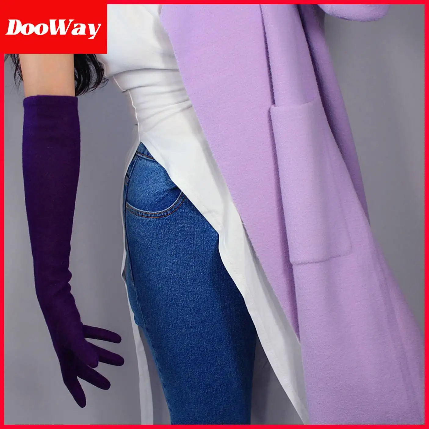 DooWay Women Dark Purple Wool Cashmere Warm Long Gloves Fashion Elastic 50cm Elbow Winter Warm Opera Dressing Long Finger Gloves