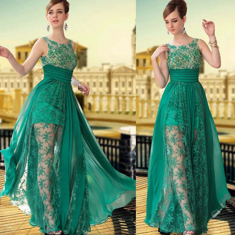 Formal Long Lace Evening Dresses 2015 New arrivals Sexy Green Chiffon A Line Long Elegant Prom Dresses Party Gowns Floor length