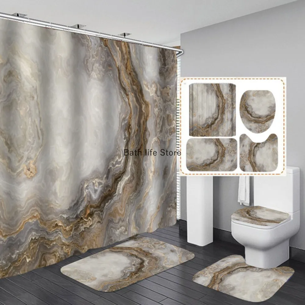 White Marble Shower Curtain Luxury Golden Modern With Non Slip Rug Mat Bathroom Curtain Waterproof Polyester Home Decor 180x180