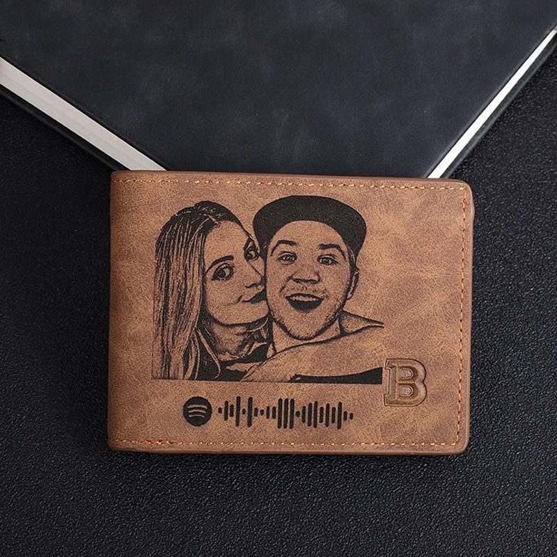 Custom Engraved Photo Wallet, Personalized Couple Portrait & Spotify Code, Unique Gift for Him,Custom Leather Bifold Mens Wallet
