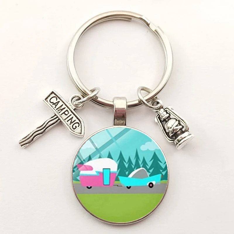 New Creative Camper Car Keychain Street Sign Cartoon Cute Glass Cabochon Tourists Handmade Key Ring Traveler Gift Charm Souvenir