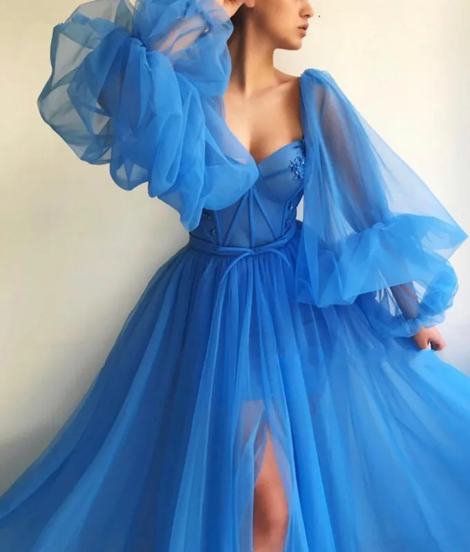 MYYBLE Blue Prom Dresses Long Puffy Sleeve Tulle Backless Formal Evening Party Gowns Beauty Pageant Dresses 2021 Custom Made