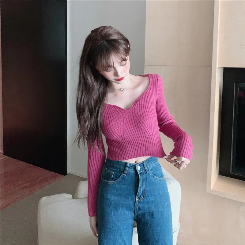 Woman Sweaters Femme Chandails High Waist Crop Top Tight Sexy V-neck Knitwear Sweater Pull Hiver