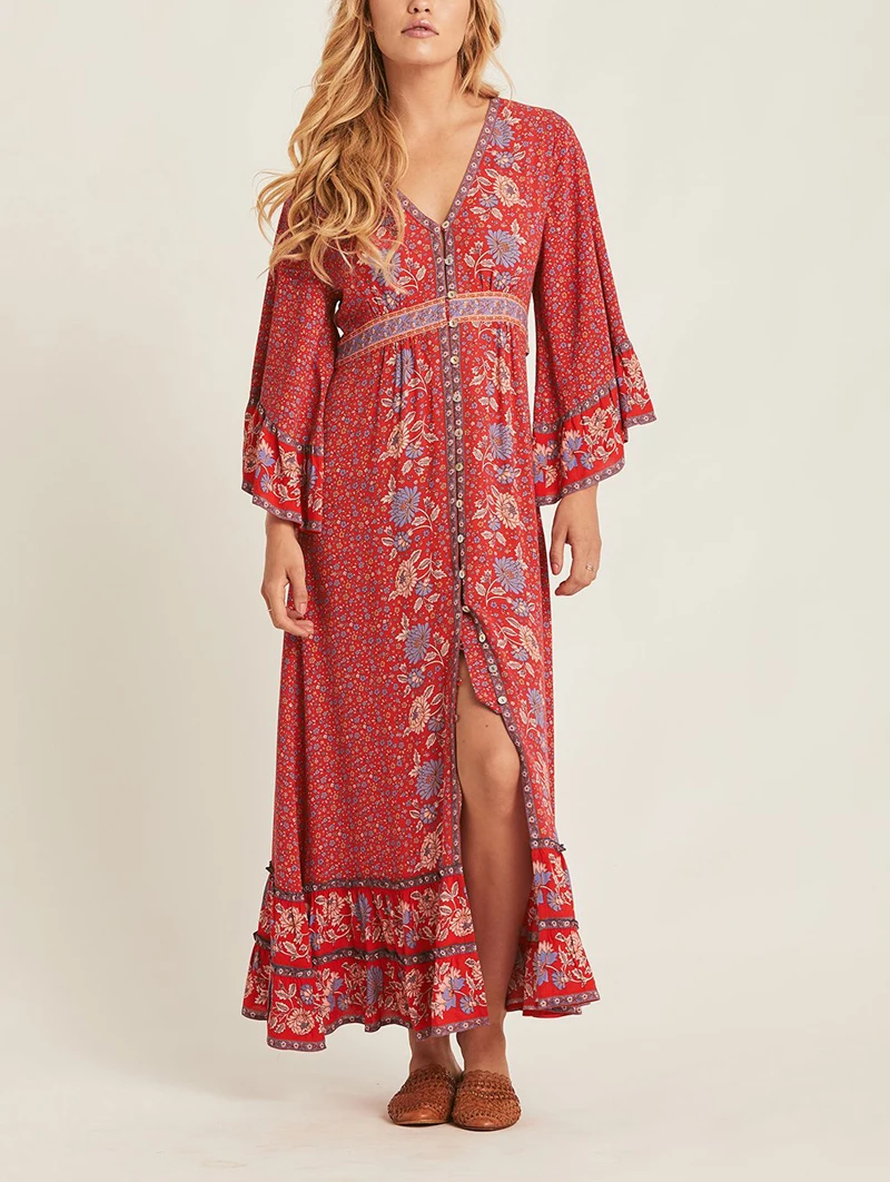 TEELYNN MAXI w stylu boho w kwiaty sukienka z nadrukiem 2020 vintage rayon V-neck flare z długim rękawem sukienki damskie plaża bohemia luźne