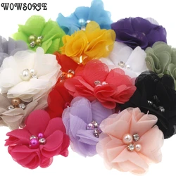 20PCS Pearl Rhinestone Chiffon flowers Hair Accessories DIY Flower Bouquet Flowers Decorations No Hair clips for headband