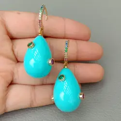 YYGEM Teardrop Blue Sea Shell Pearl Mixed color Cubic Zirconia Pave gold color hoop Earrings cute style for women jewelry