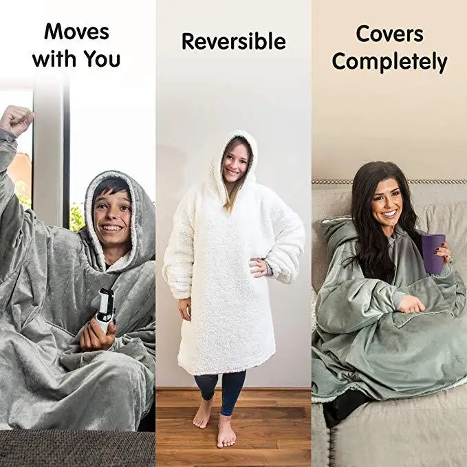 Winter Warm TV Blanket with Sleeves Big Pocket Fleece Family Sherpa Hoodies Oversized Flannel Soft Hooded Robe Blankets Pullover