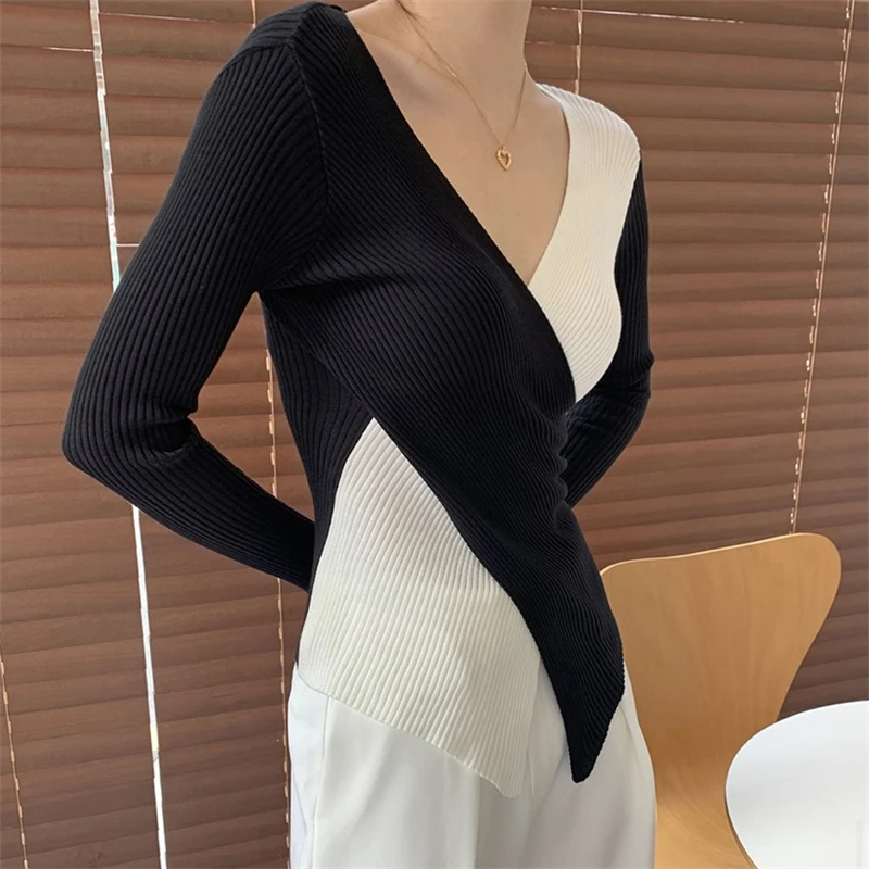 CHEERART Black And White Patchwork Knit Top Korean Fashion Wrap V Neck Ribbed Top Knitted Blouse Ladies Tops 2021 Spring