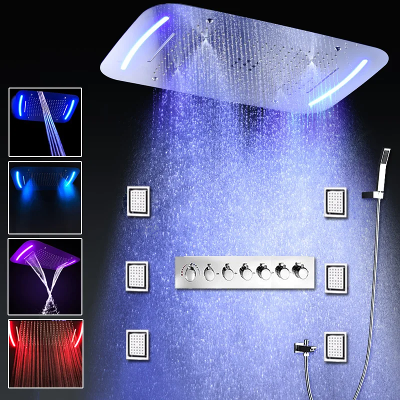 

4 Inch Body Jets Bathroom Concealed LED Misty Shower Panel Set Top Rainfall Waterfall Thermostatic High Flow Shower Faucets