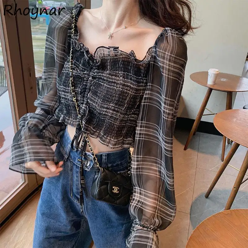 Blouses Women Plaid Square Collar Breathable Cropped Design Holiday Fashion Leisure Elegant All-match Popular Tender New Arrival