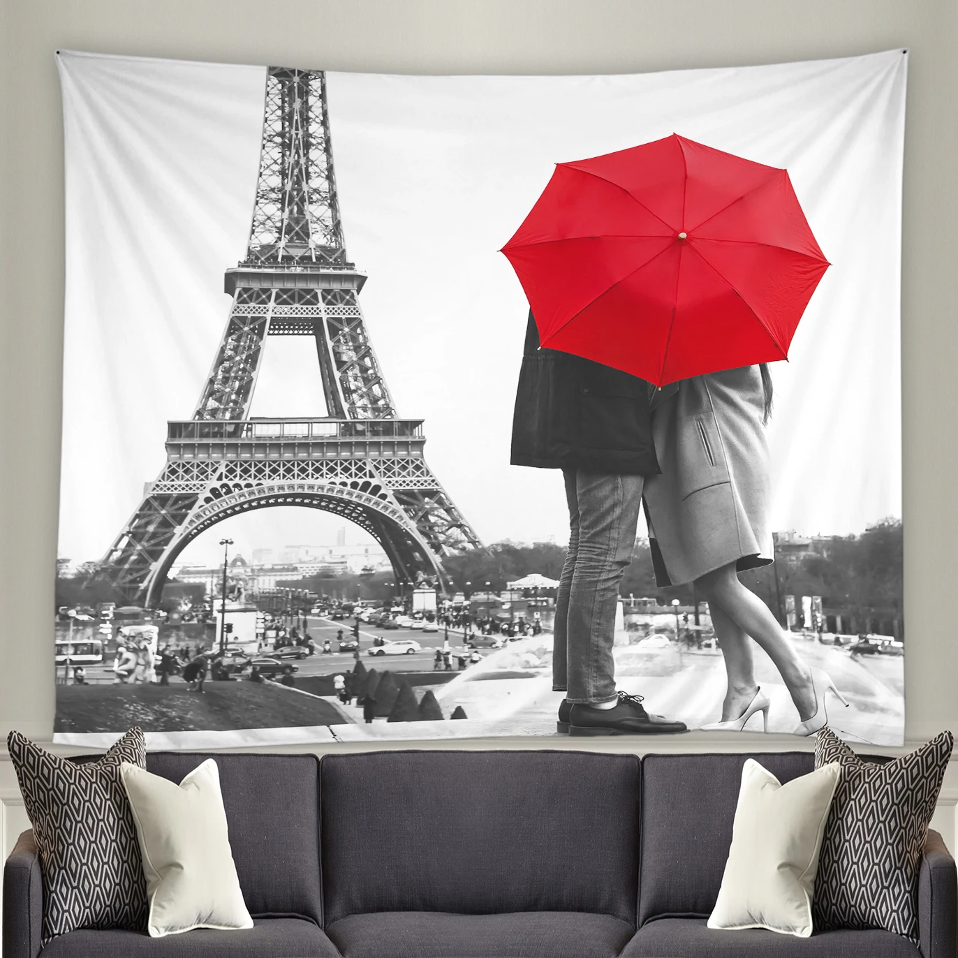 Romantic Couples Tapestry Paris Eiffel Tower Scenery Red Umbrella  Valentine's Day Living Room Bedroom Dormitory Bedside Decor