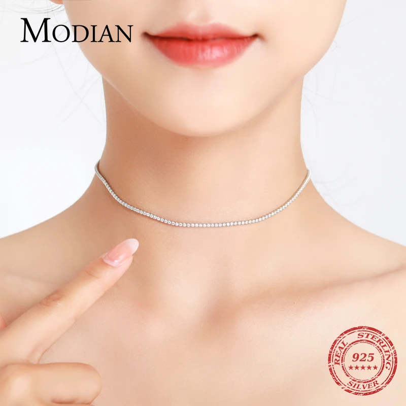 Modian Classic Luxury Full Clear CZ Necklace Solid 925 Sterling Silver Sparkling Choker Necklaces For Women Statement Jewelry