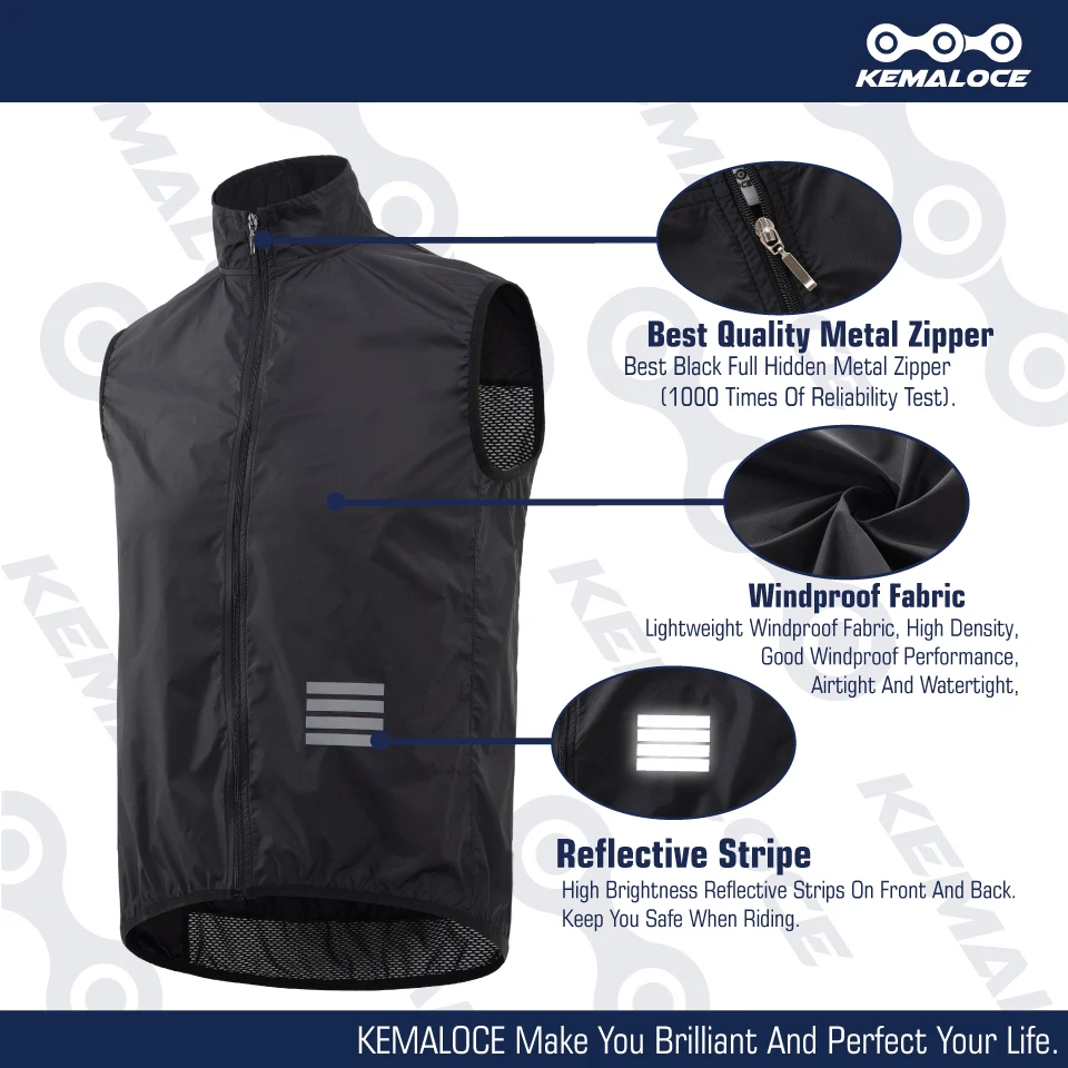 KEMALOCE Cycling Vest Wind Navy Blue Men 2023 Sleeveless Bicycle Gilet Black Lightweight Outdoor Windproof MTB Sports Wind Vest