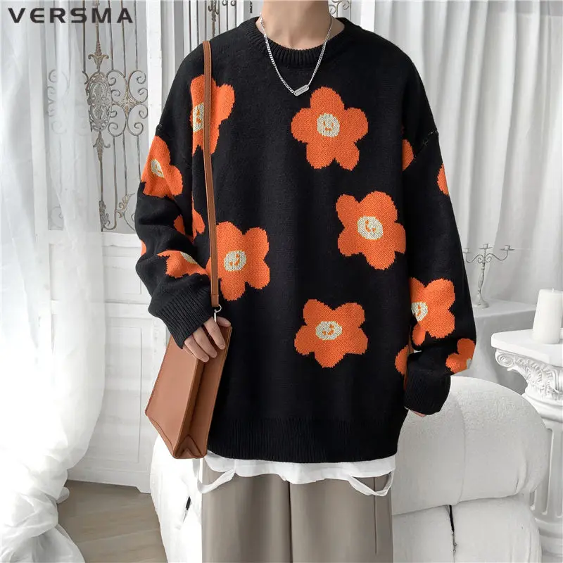 VERSMA Korean Kpop Floral Printed Bicycle Sweater Men Women Top Blouse Autumn Knitted Hip Hop Long Sleeve Male Sweater Plus Size