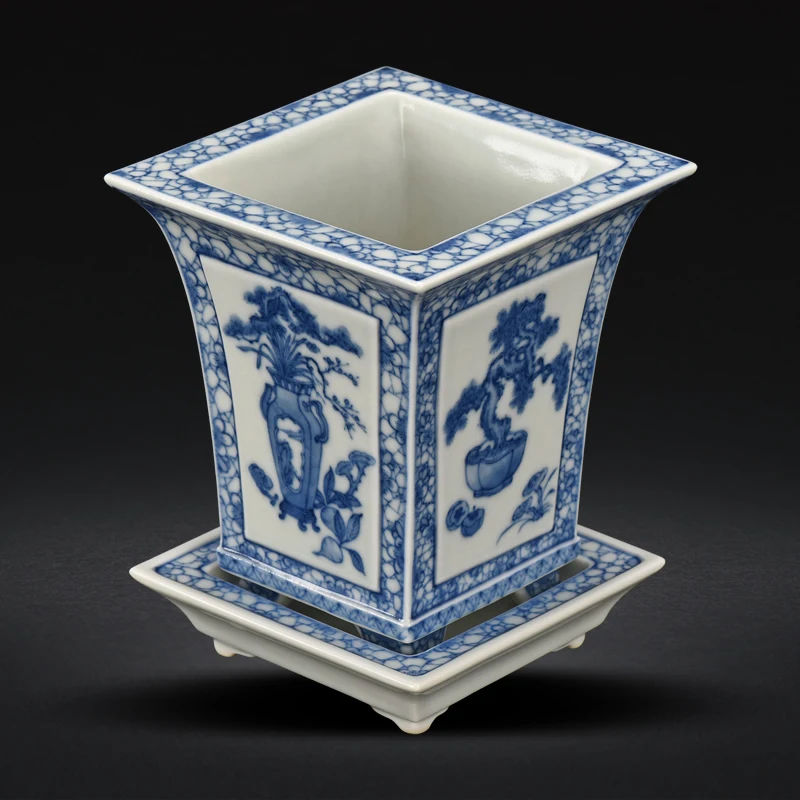 Lin Yuntang's hand-painted flower, fruit, pine, blue and white porcelain square flowerpot