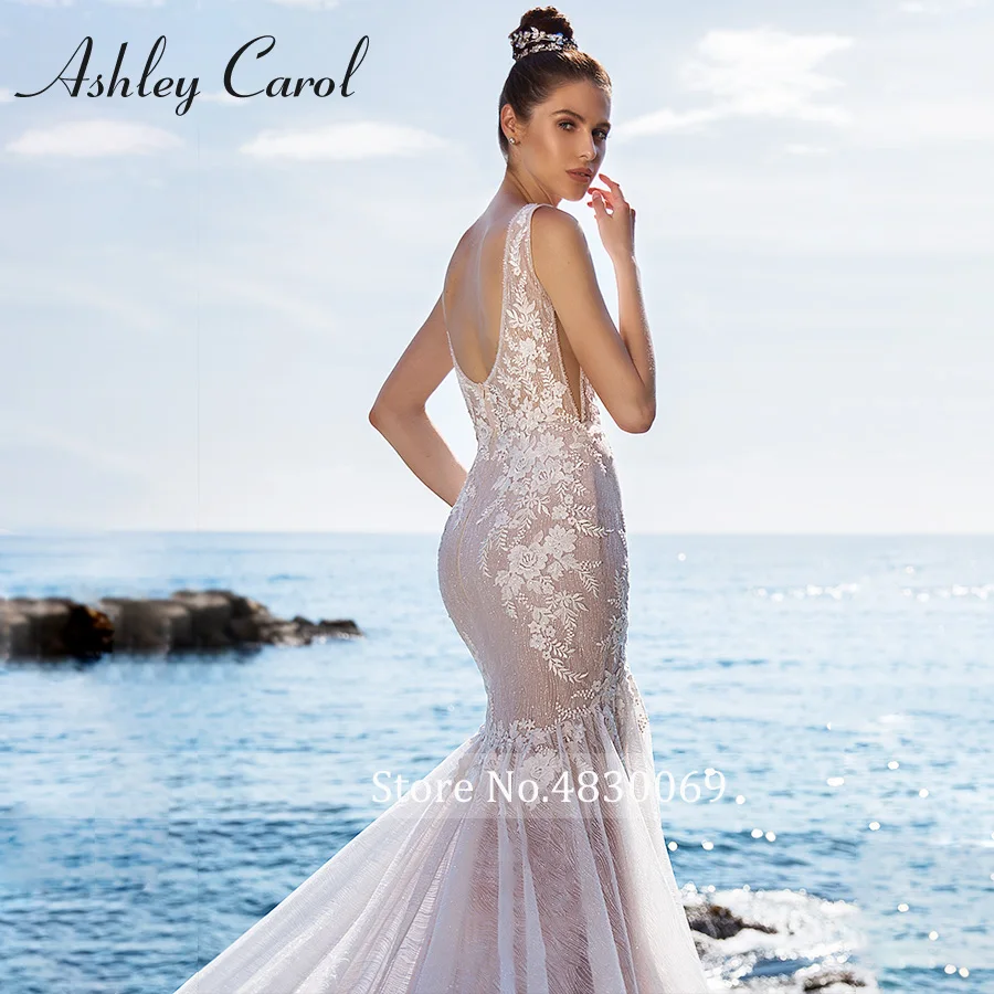 أشلي كارول حورية البحر فستان الزفاف رومانسية عارية الذراعين يزين مطرز الخامس الرقبة بلا أكمام ثوب الزفاف فساتين العروس الساطعة #1