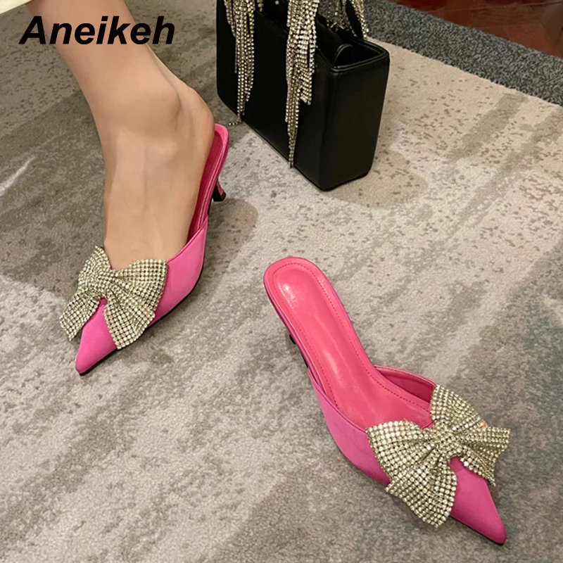 Aneikeh Sexy pointed Toe Mid Heel Spring Women Mules Fashion Butterfly-Knoe Decoration Slip-On Slippers Sandalias Mujer 2024 New