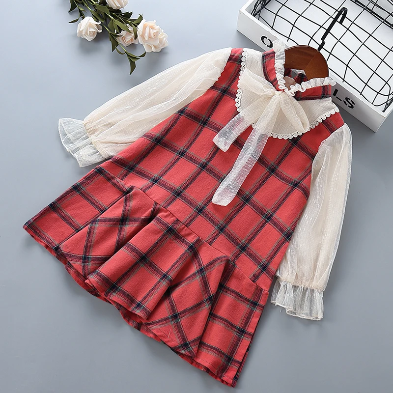 

3-7 years High quality girl dress 2020 autumn new fashion casual plaid bow full sleeve kid children girl clothing princess dress